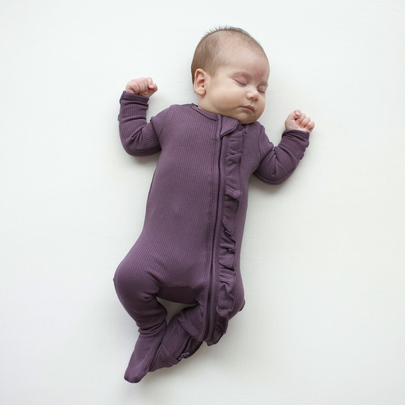 Ribbed Ruffle Zipper Footie in Currant