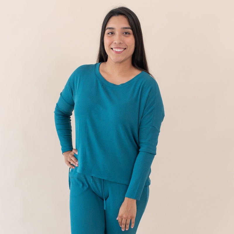 Women’s Ribbed Long Sleeve Drop Shoulder Top in Loch