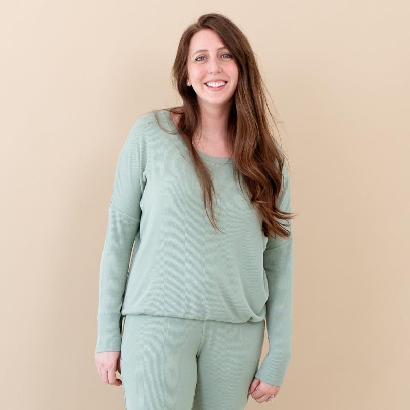 Women’s Ribbed Long Sleeve Drop Shoulder Top in Thyme