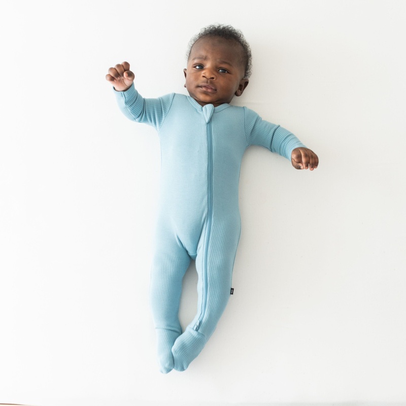 Ribbed Zipper Footie in Dusty Blue