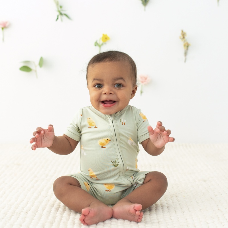Zippered Shortall Romper in Aloe Chick