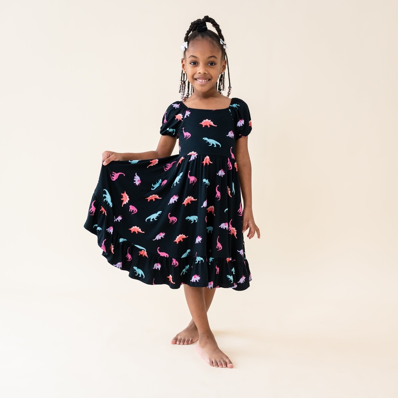 Puff Sleeve Twirl Dress in Midnight Roar