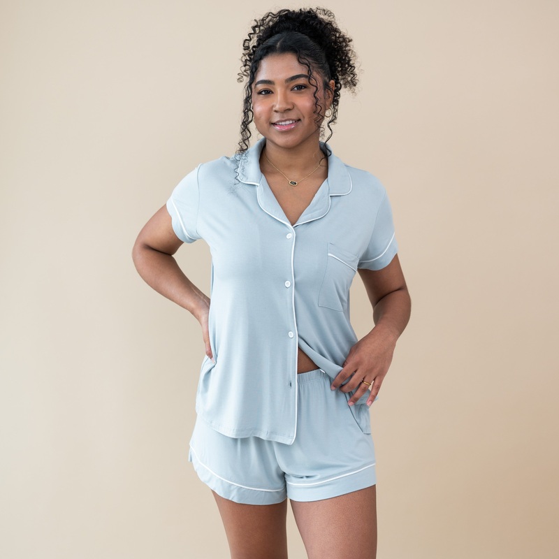 Womens Short Sleeve Pajama Set in Fog with Cloud Trim
