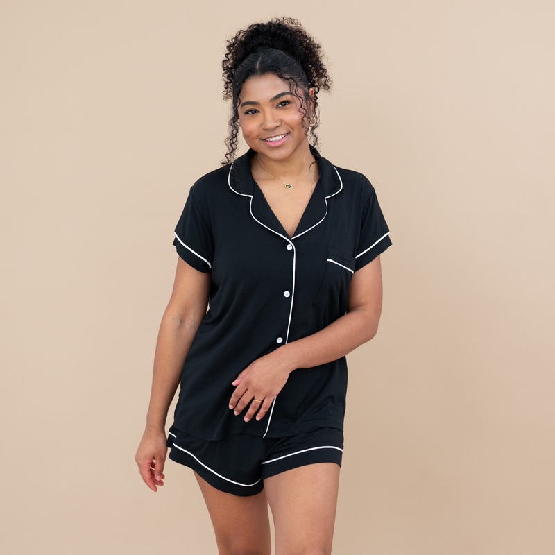 Womens Short Sleeve Pajama Set in Midnight with Cloud Trim