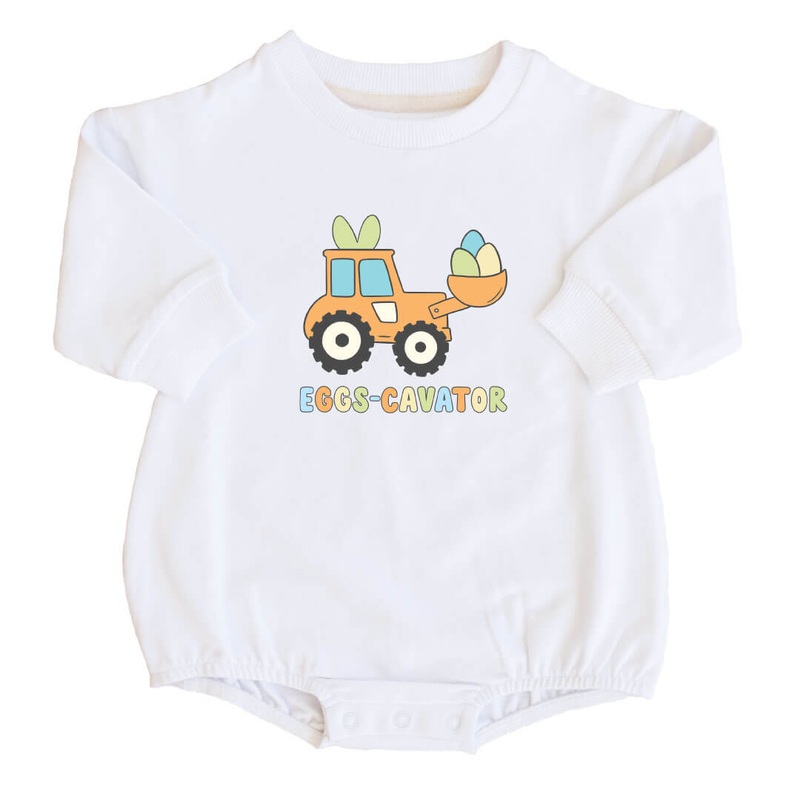 Eggs-cavator Sweatshirt Bubble Romper | White
