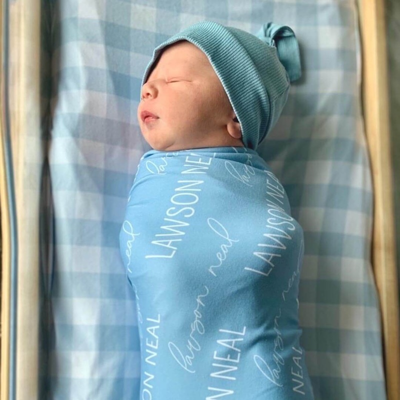 Personalized Powder Blue Baby Name Swaddle Blanket – Block & Script