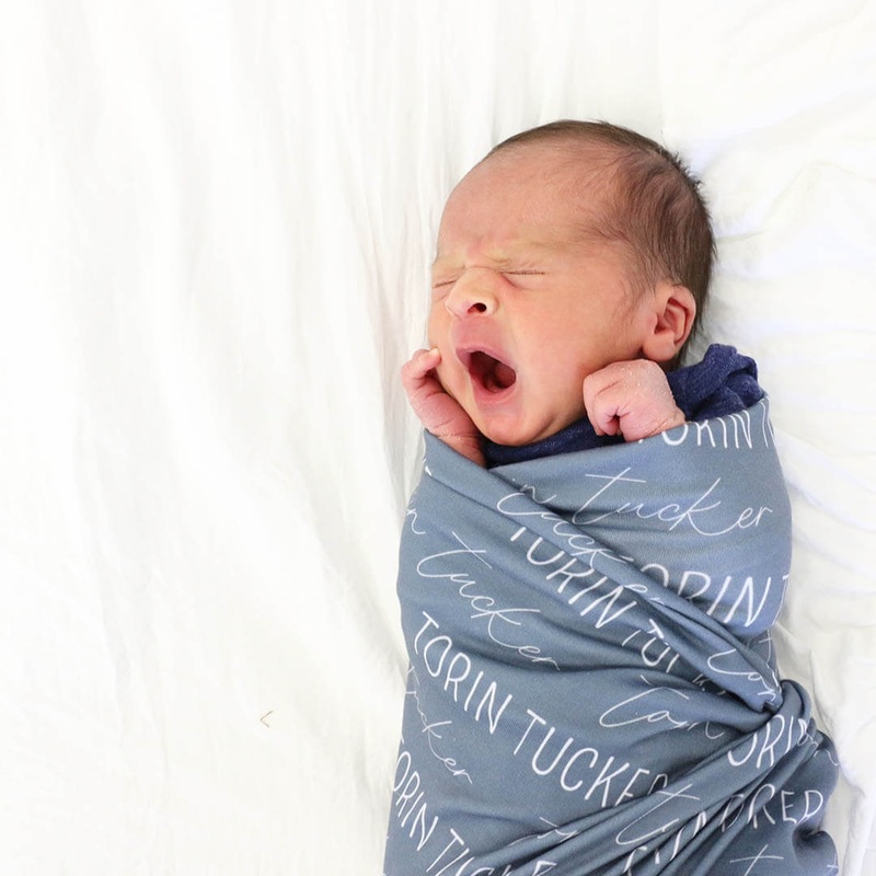 Personalized Dusty Blue Baby Name Swaddle Blanket – Block & Script