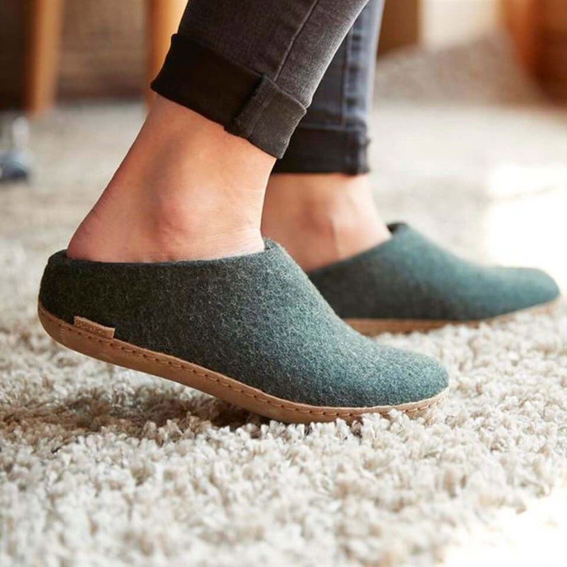 Adults Felted Wool Open Heel Slipper – Forest