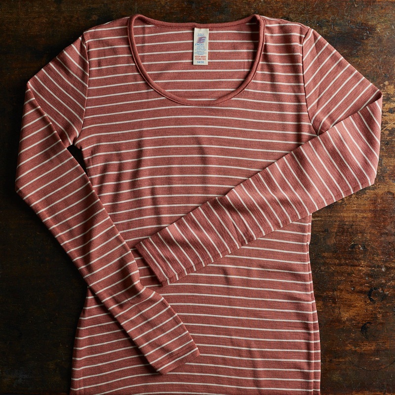 Womens Merino Wool & Silk LS Top – Copper Stripe