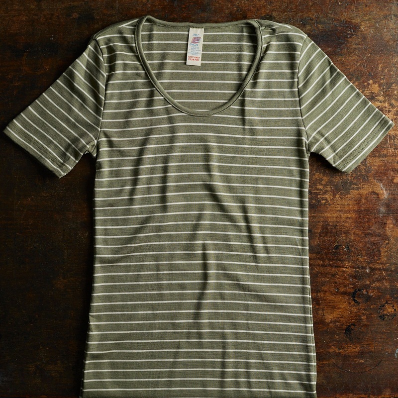 Womens Merino Wool & Silk SS Top – Olive Stripe
