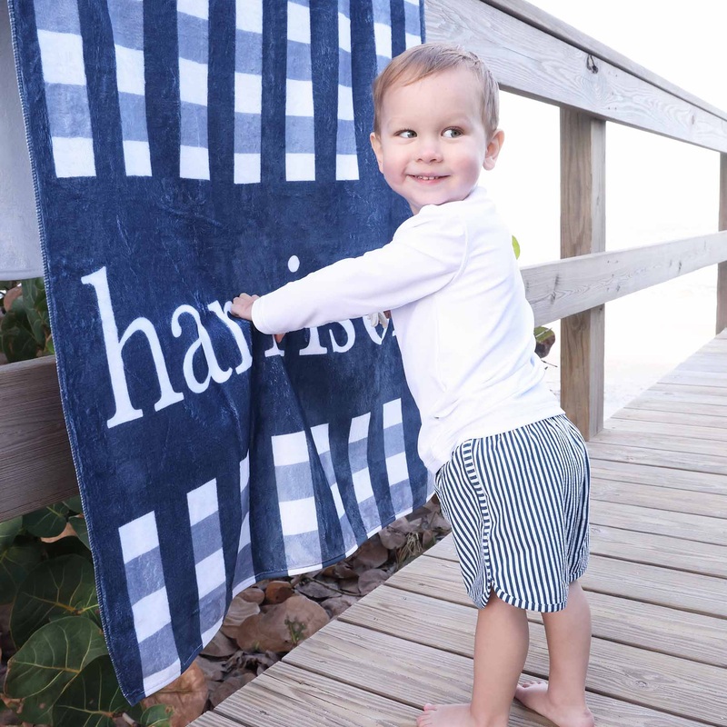 Navy Seersucker Personalized Kids Beach Towel