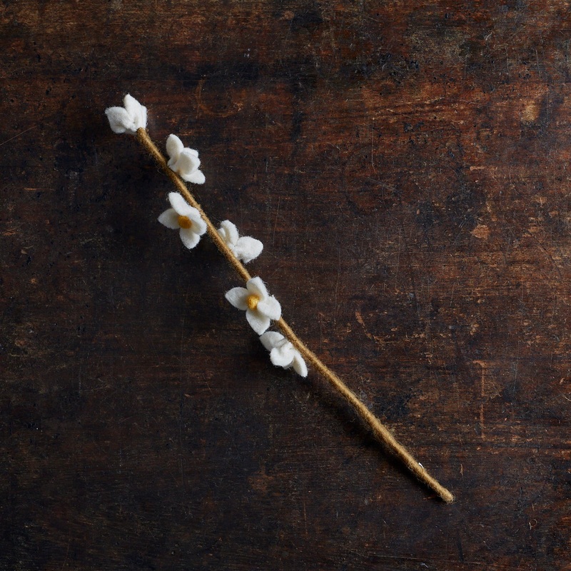 Handmade Felted Wool Flowers on Stalk – White