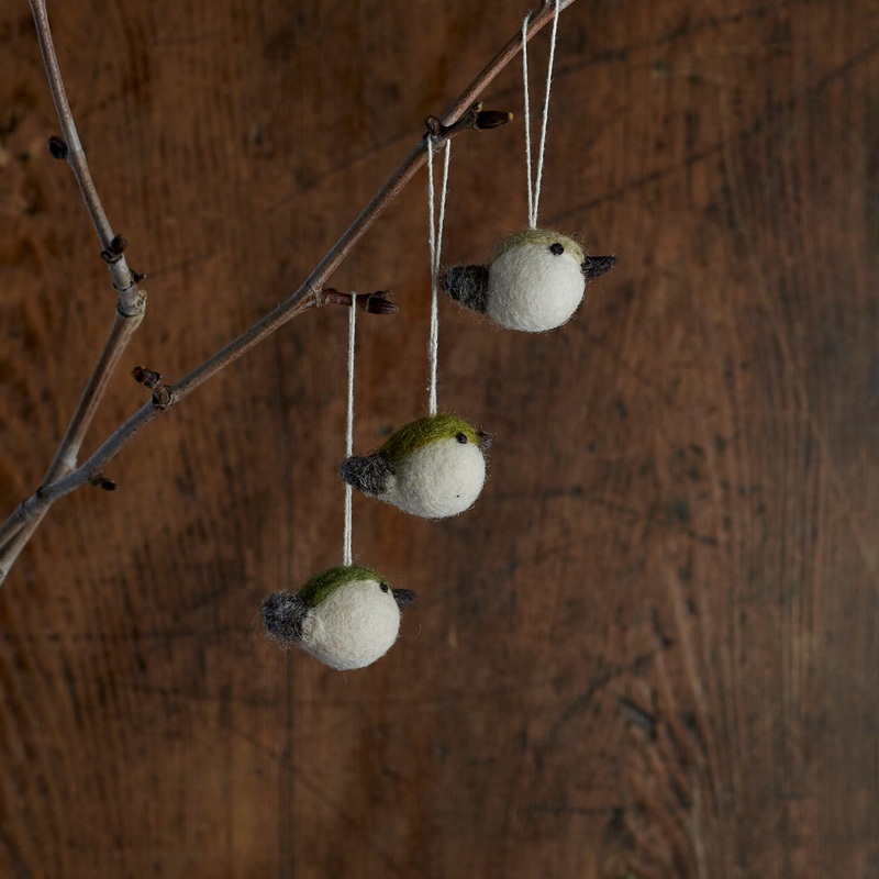 Handmade Felted Wool Bird Decorations – Set of 3 – Green
