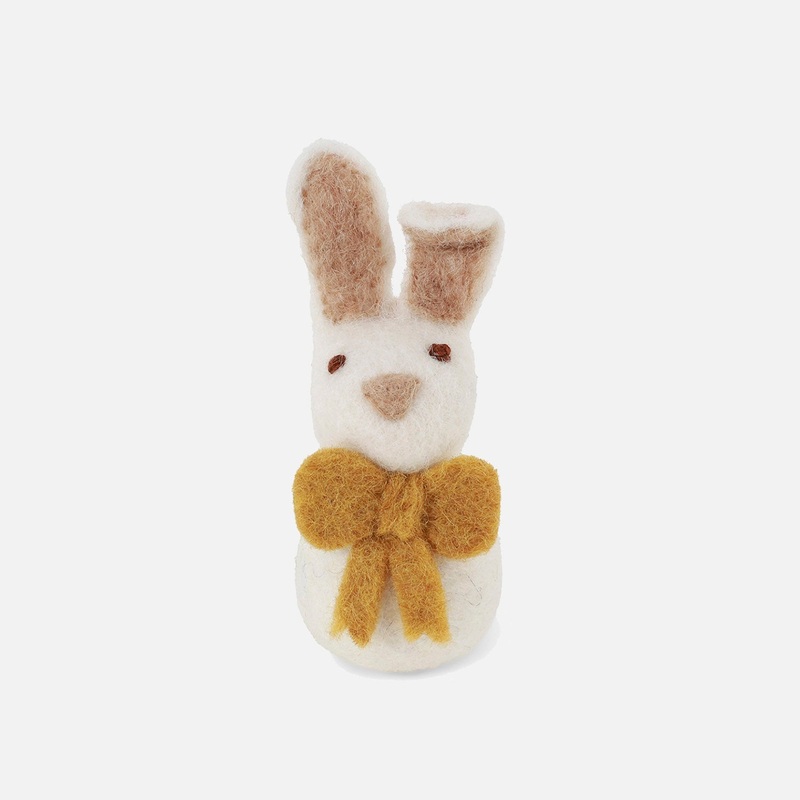 Handmade Felted Wool Bunny with Bow Decoration – White