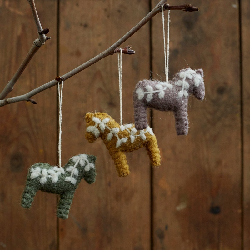 Handmade Felted Wool Dala Horse Decorations – Set of 3