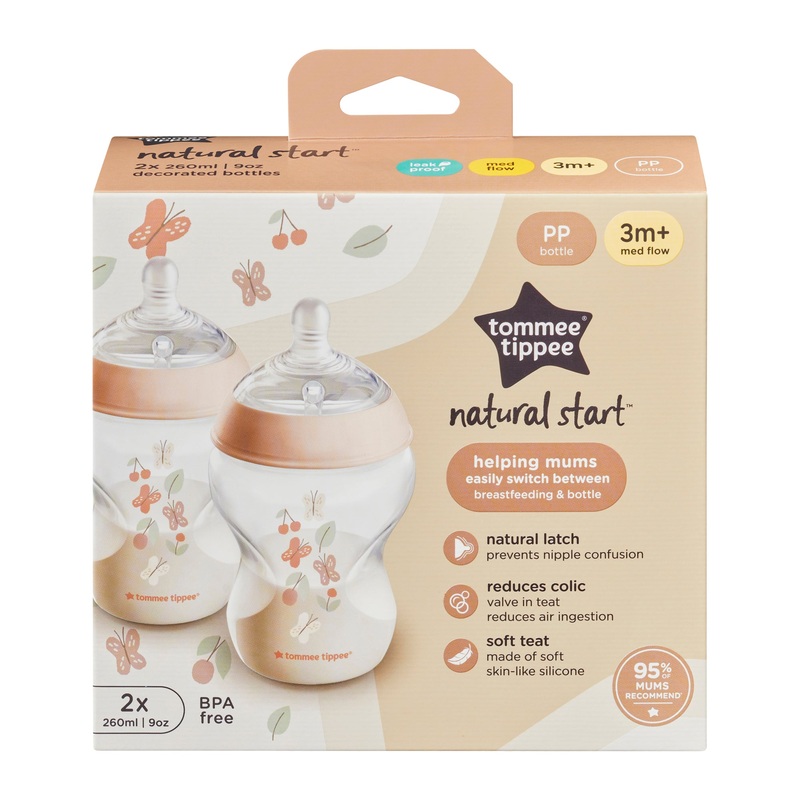 Tommee Tippee Natural Start Decor PP Bottle with M Teat 260ml (2 Pack) – Assorted Colours