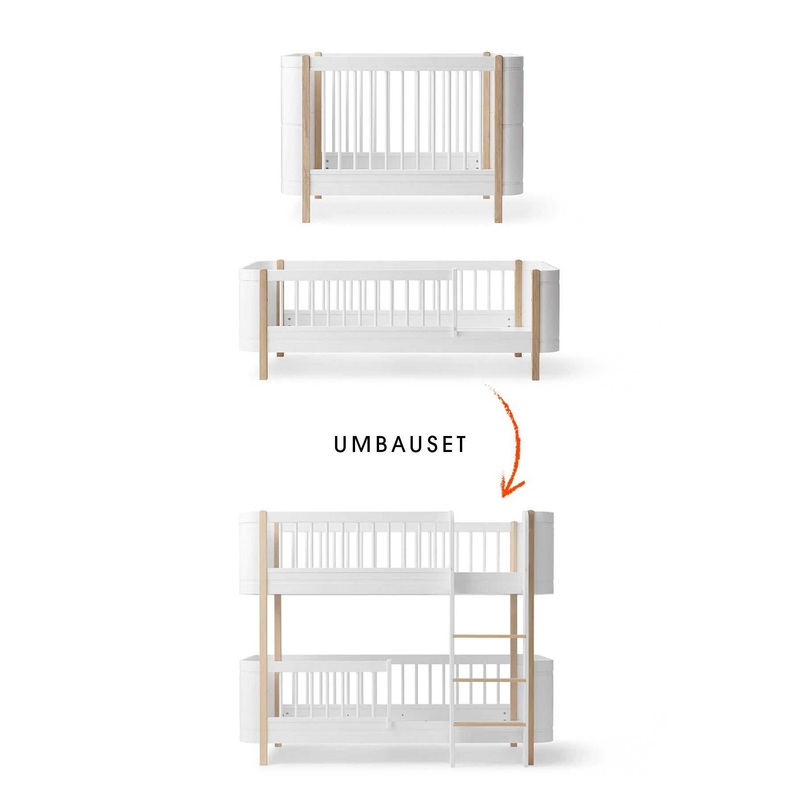 Wood Umbau-Set von Mini+ Babybett & Mini+ Juniorbett zum halbhohen Etagenbett wei/ eiche